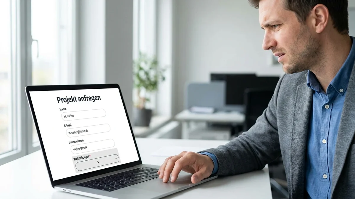 Usability test scenario: a test user hesitates at the mandatory "project budget" field of a B2B enquiry form
